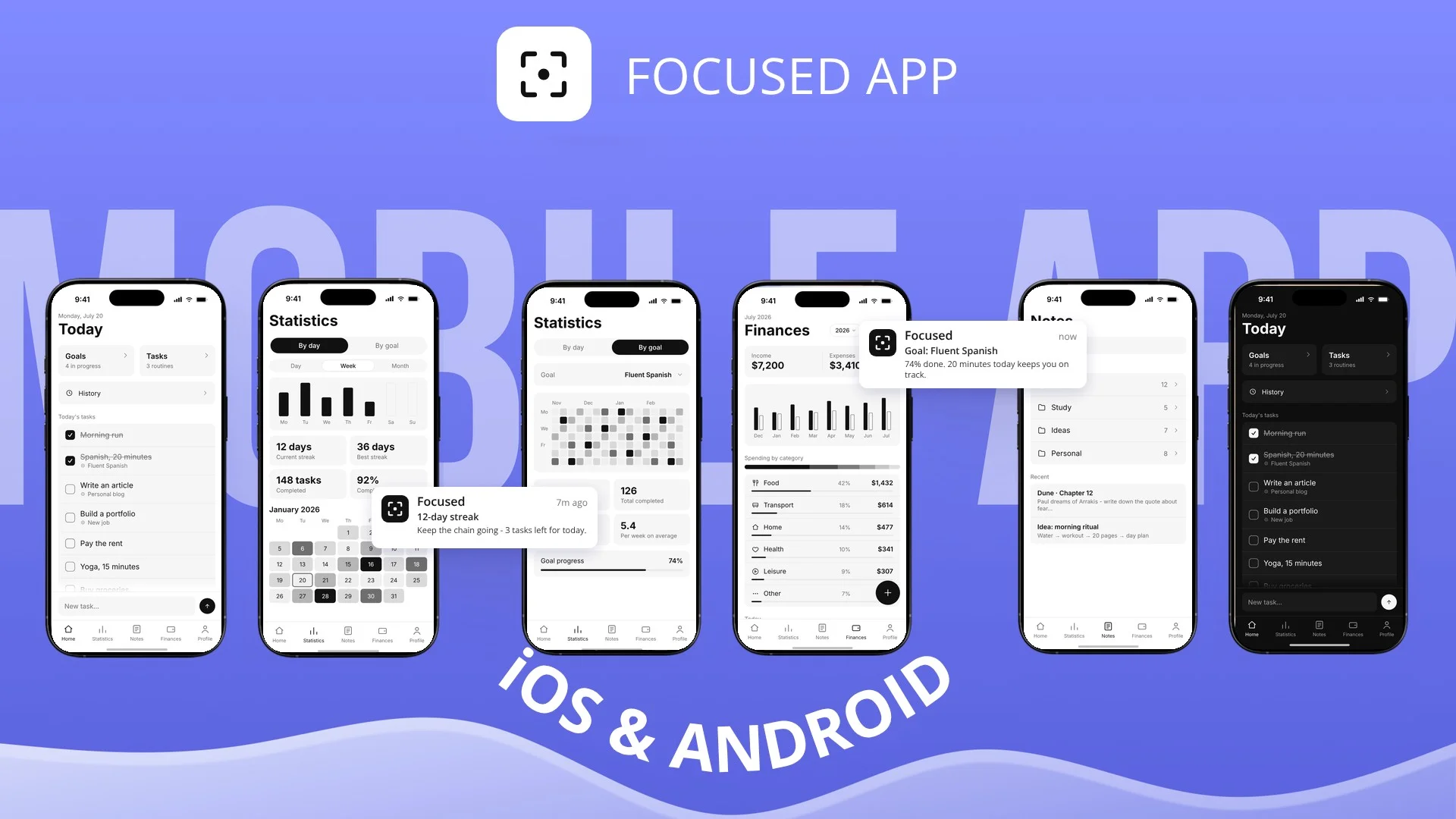 Focused app screens: today, statistics, finances and notes